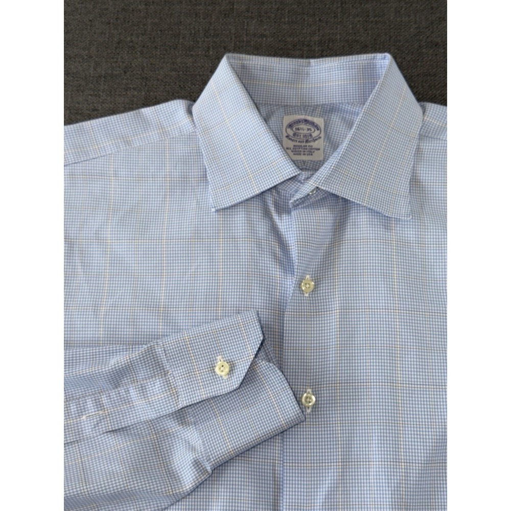 Brooks Brothers Makers &Merchants Regular Fit Dress Shirt Blue Check 16.5 35 USA